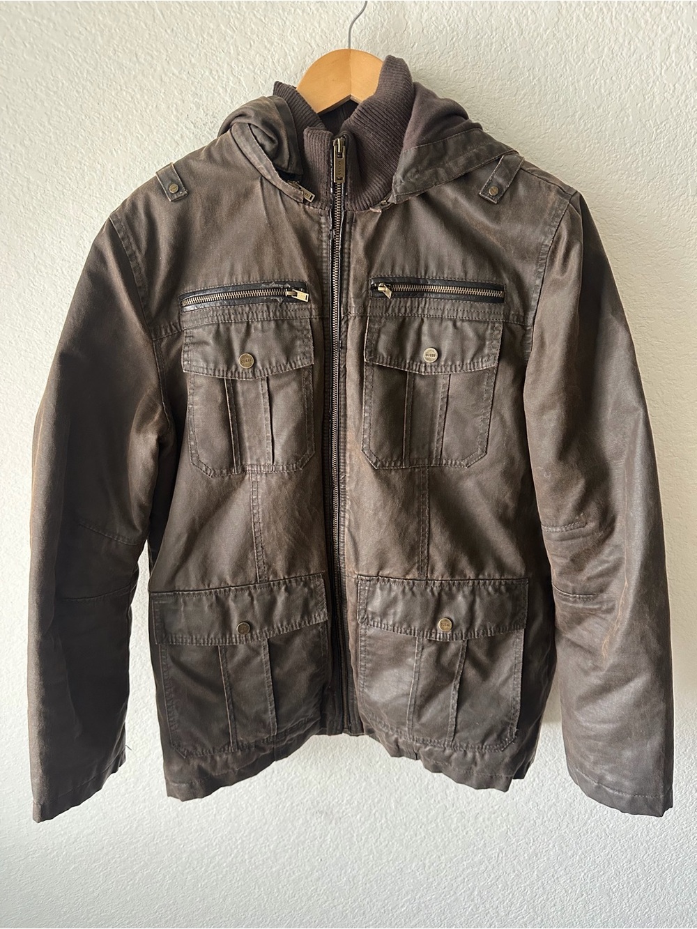 Guess Waxed Utility Jacket Brown‎ Hooded Sherpa Lined Military Coat Men's Medium